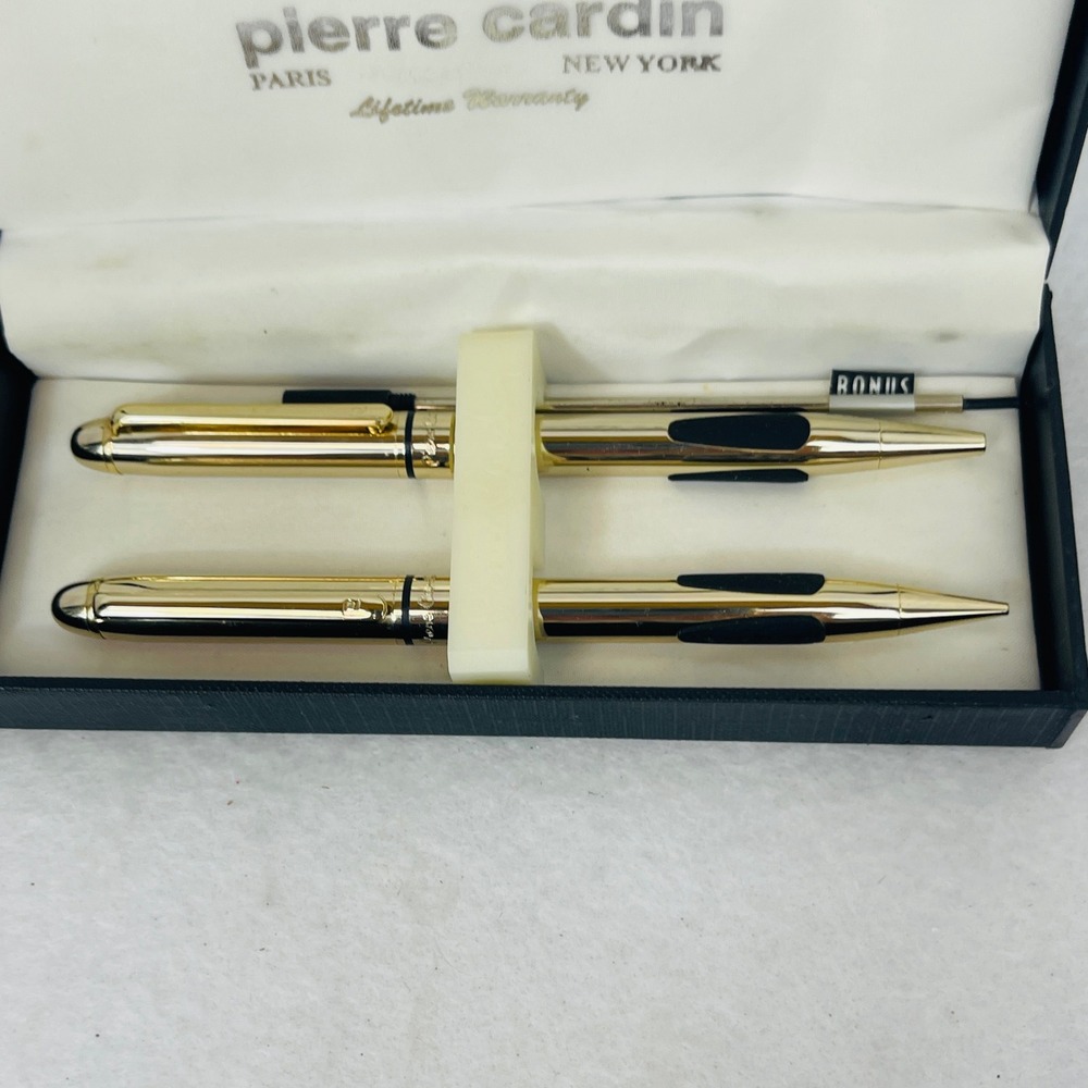 Pierre Cardin Paris New York Gold Tone Pen and Pencil Set with Case and Refill